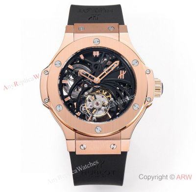 Swiss Super Clone Hublot Tourbillon Big Bang V4 Watch in Rose Gold Black Rubber Strap